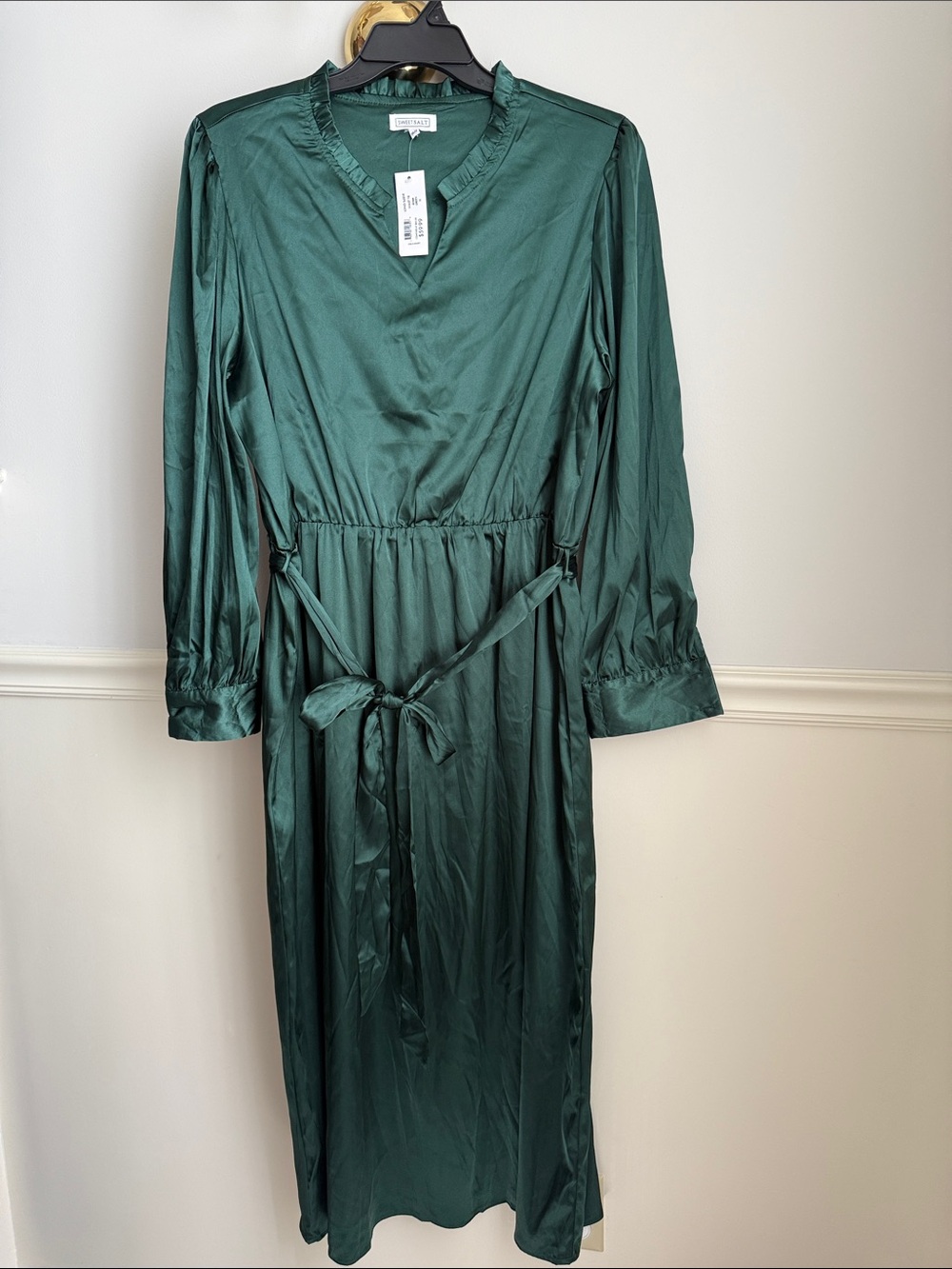 Sweet Salt Emerald Green Satin Long Sleeve Tie-Waist Dress